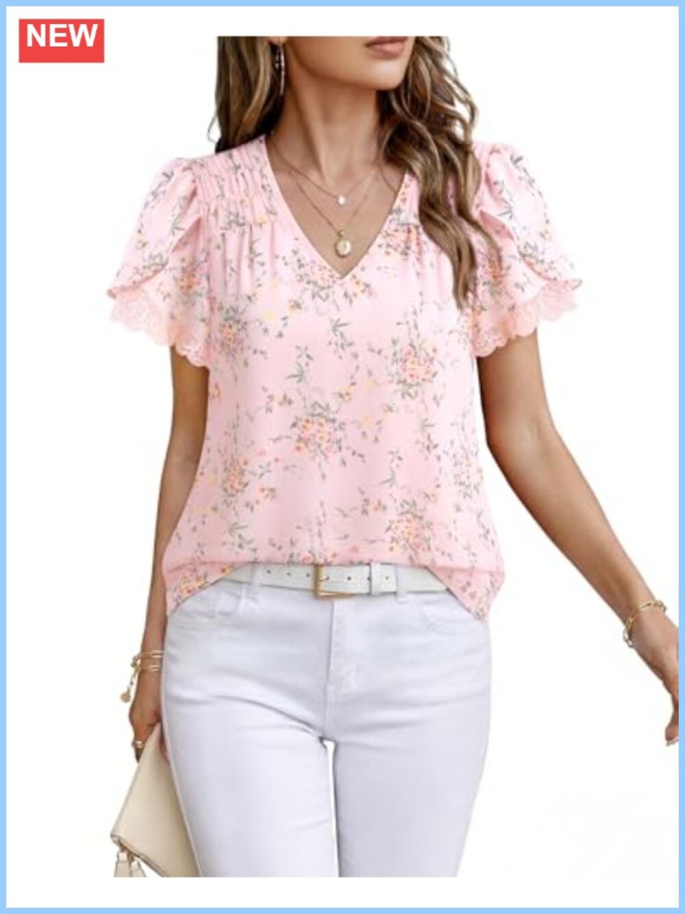 Women's Lace Petal Sleeve V-Neck Chiffon Blouse Summer Office Top